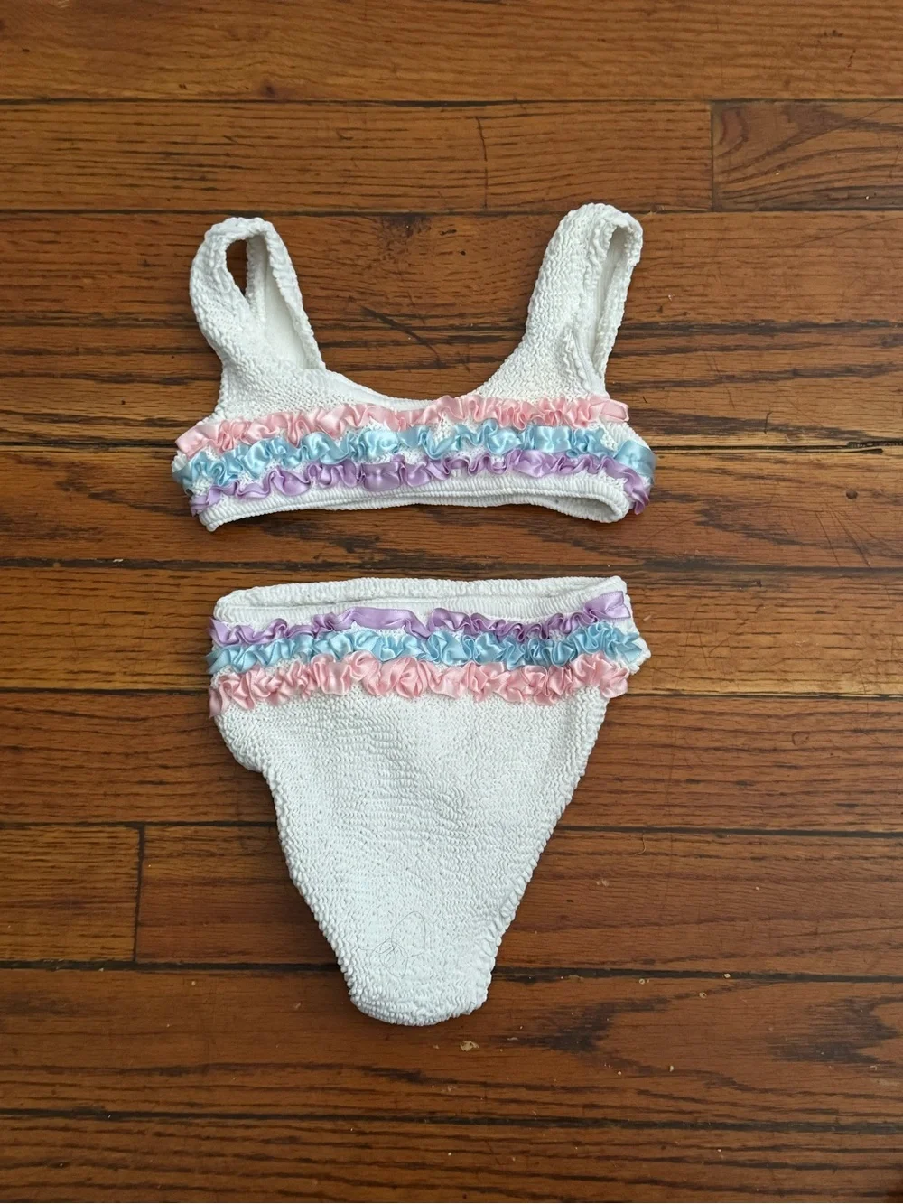 Hunza G Kids White Bikini with Pastel Pink Blue Purple Ruffles